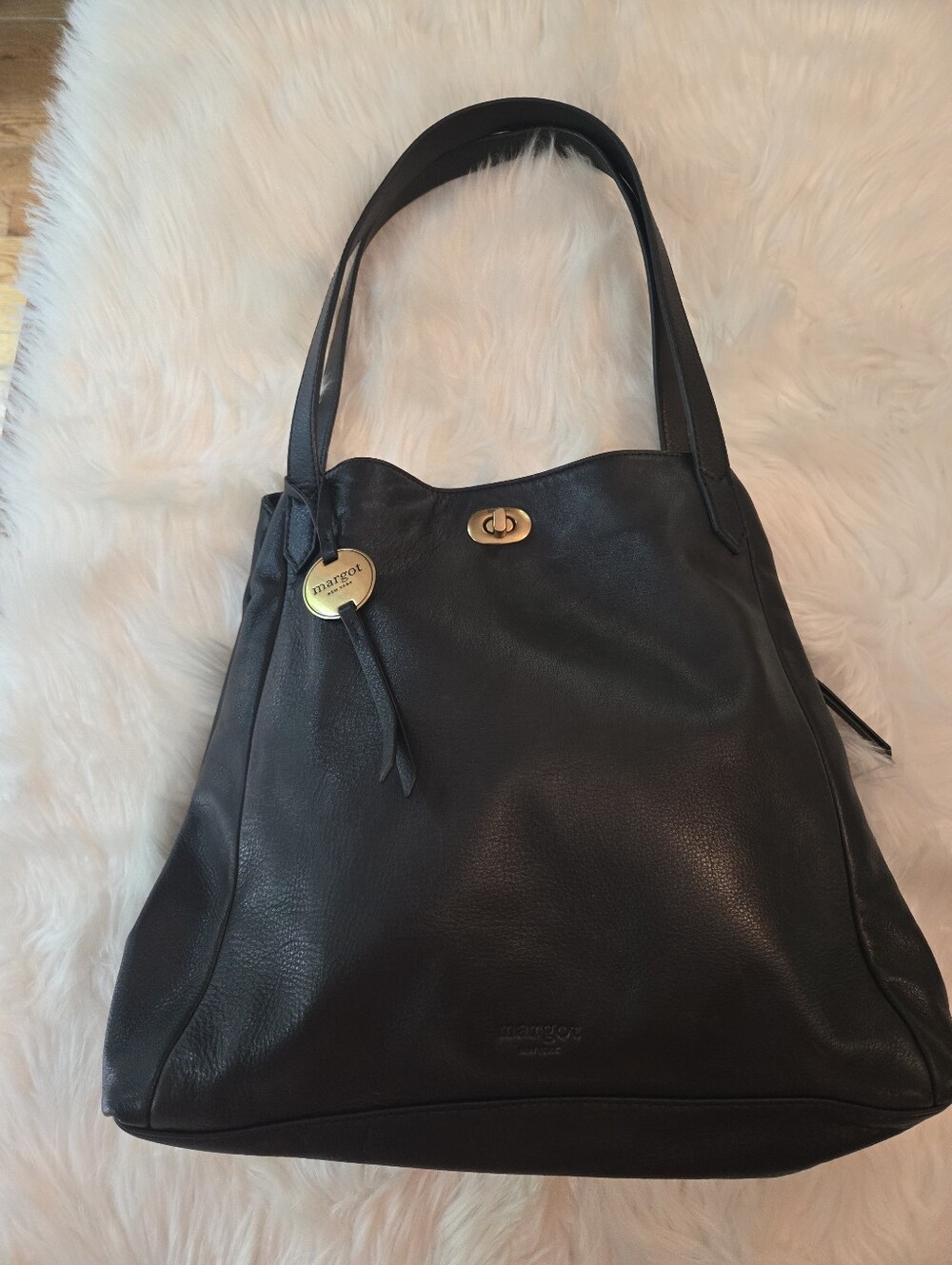 Margot New York Black Leather Shoulder Bag with Gold Accent